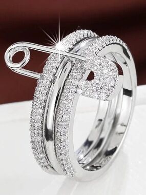Safety Pin Silver Ring - Sparkling Silver Tone